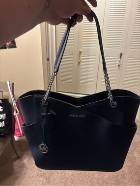 Michael Kors Navy Blue Leather Tote with Chain Straps